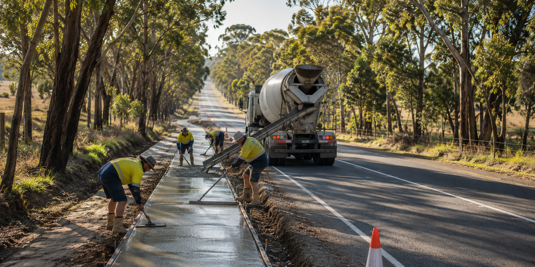 YongaCivil crew in hi-vis pouring and screeding a fresh roadside concrete footpath with an agitator truck delivering concrete on a rural Western Australian road